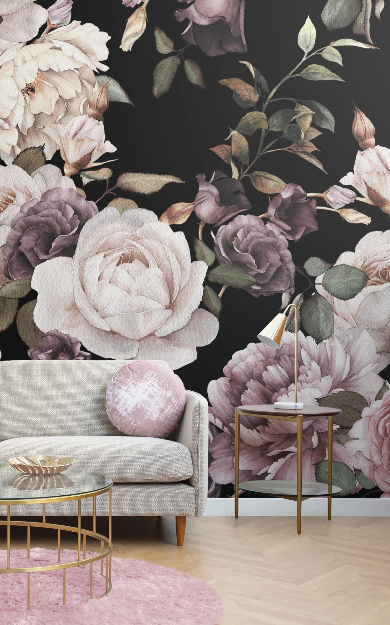 Elegant floral wallpaper feature wall in living room