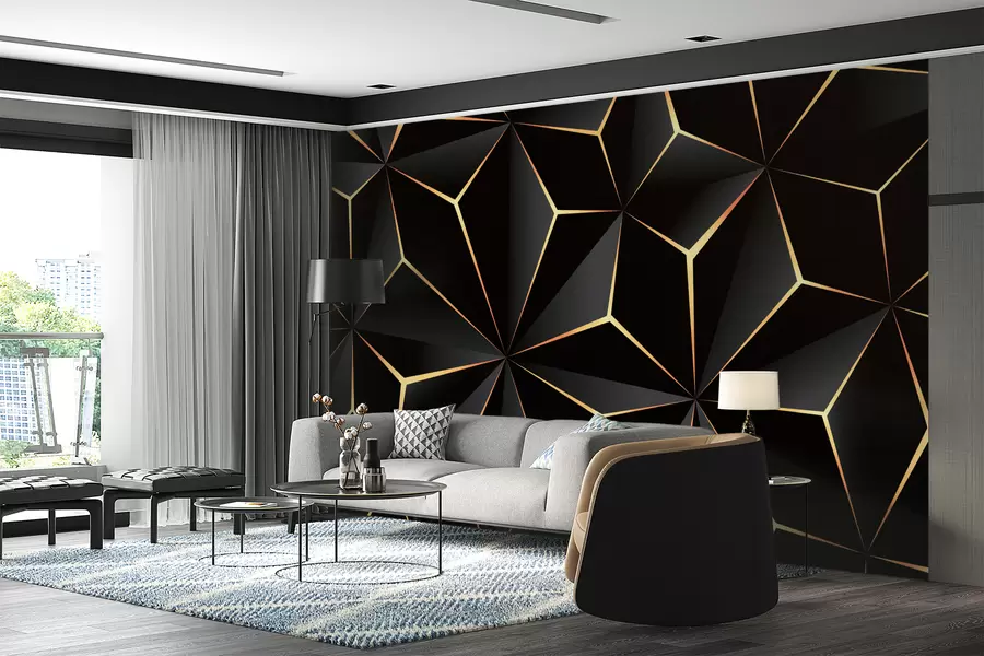 Geometric dark accent wall in modern living room
