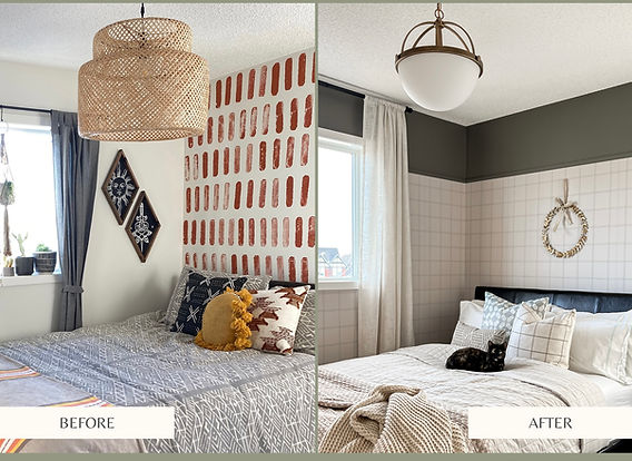 Before and after bedroom wallpaper transformation