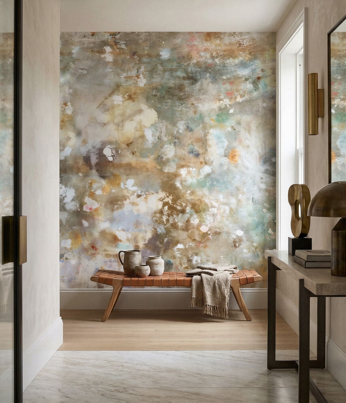 Modern bedroom with gold wave wallpaper mural